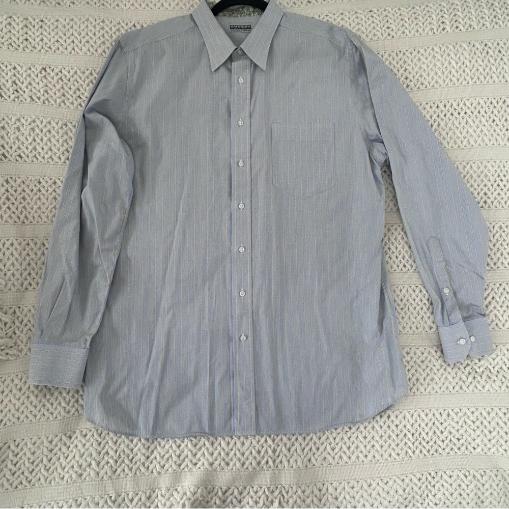 Zahner’s Fine Apparel Mens Shirt Blue Yellow Stripe Floral Trim Cotton Large